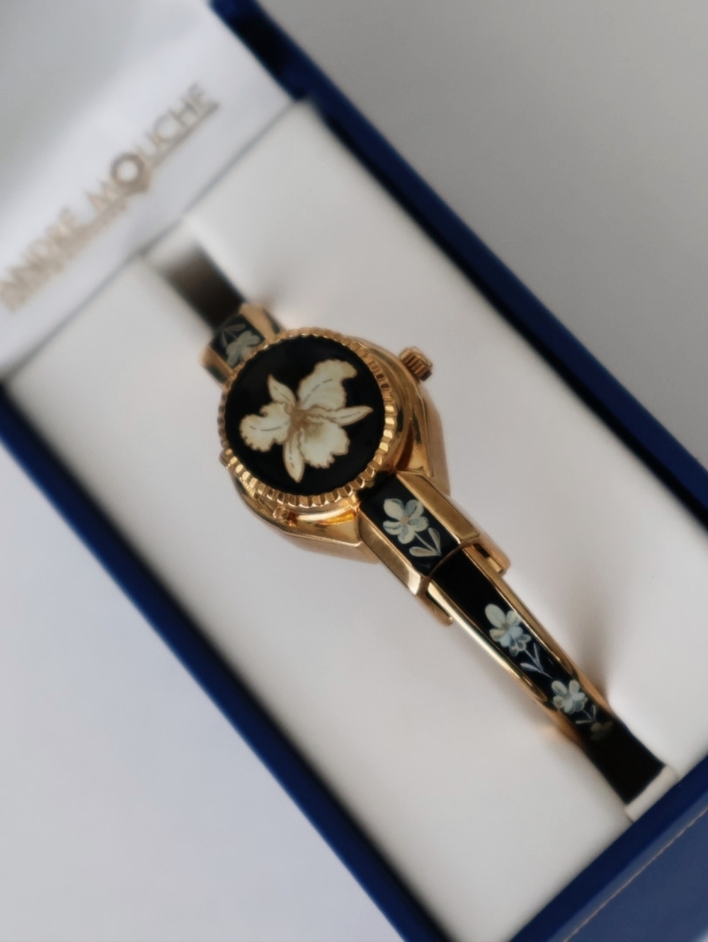 Gold-Tone Black Floral Bangle Watch - Women's Accessory